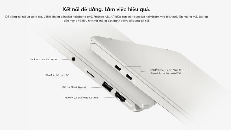 Cổng kết nối của laptop MSI Prestige A16 AI+ A3HMG