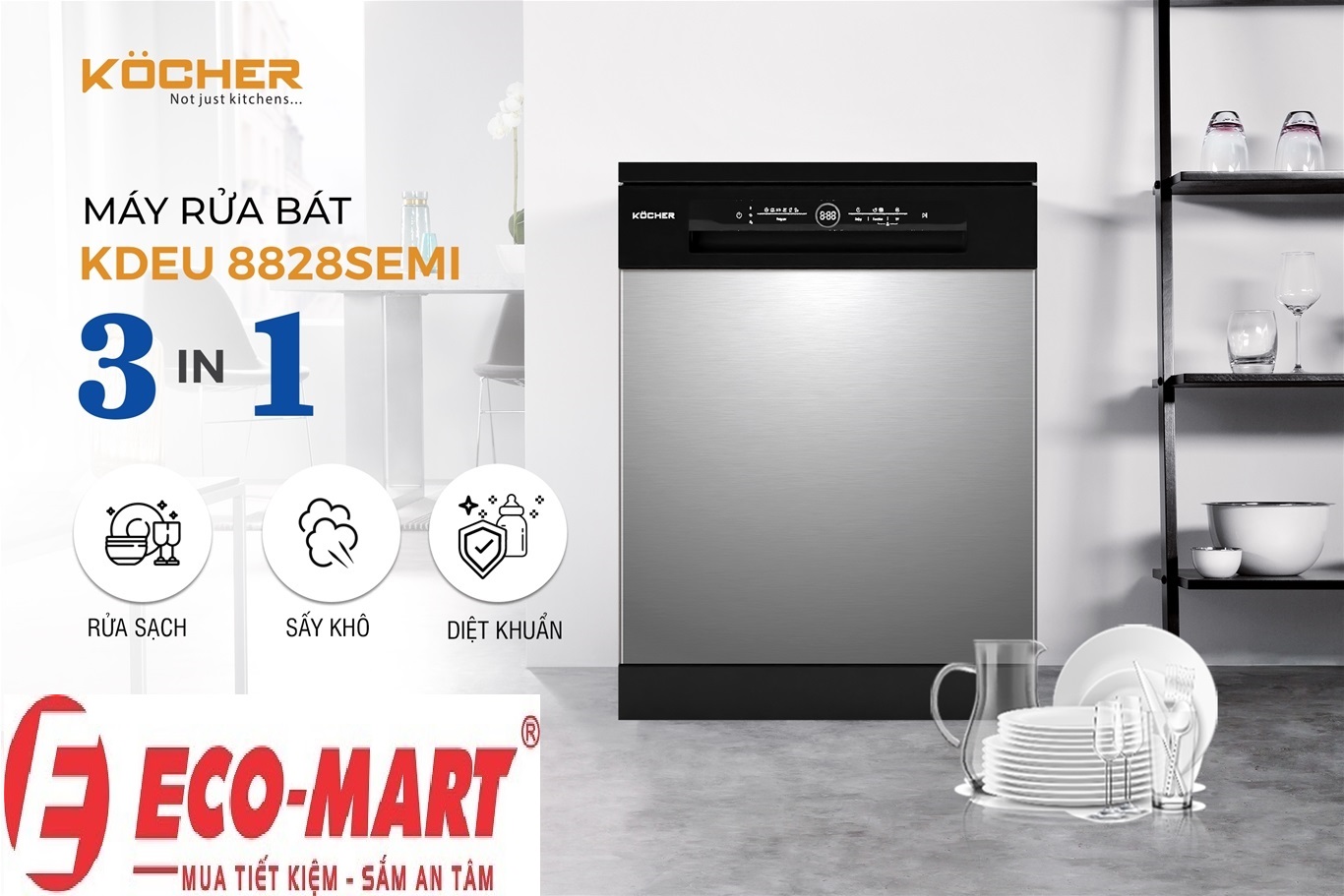 Lí do nên mua máy rửa bát Kocher KDEU-8828 SEMI ?