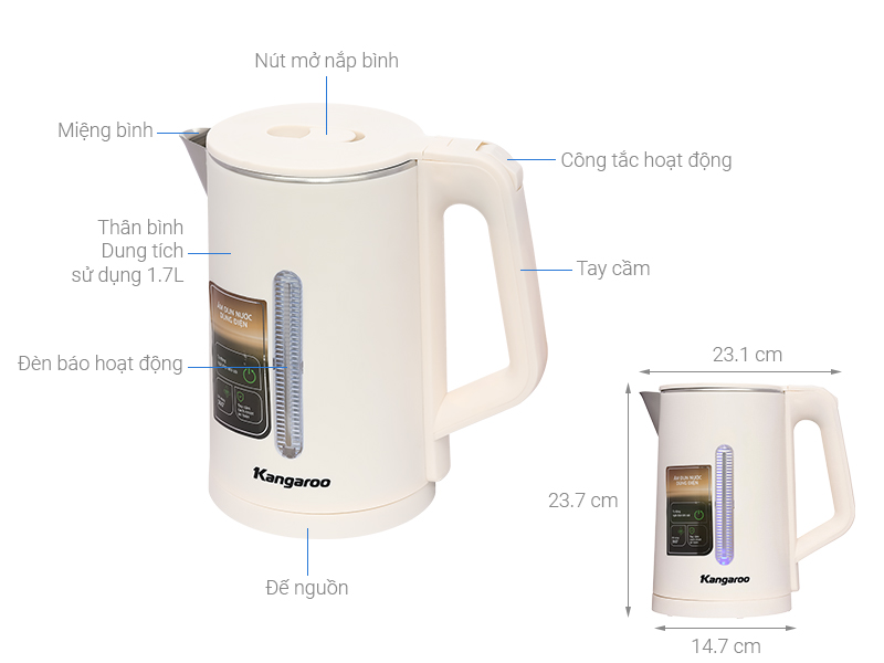 Ấm siêu tốc Kangaroo KGWK17P1G 1.7 lít