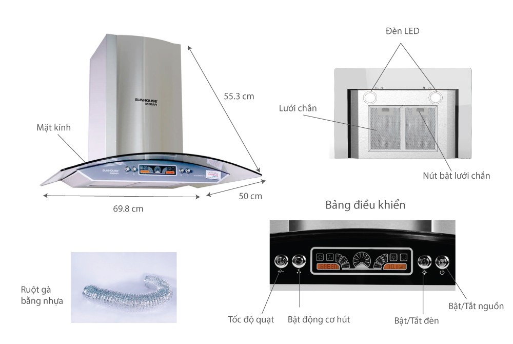 Máy hút mùi kính cong Sunhouse MMB6707-70