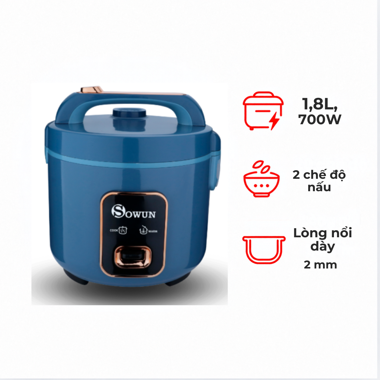 Nồi cơm điện Sowun SW6913X 1,8 lít 700W màu xanh