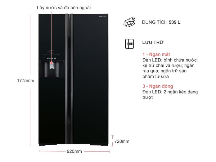 Tủ lạnh Hitachi R-FS800GPGV2(GBK) side by side 2 cửa ,say đá,màu đen