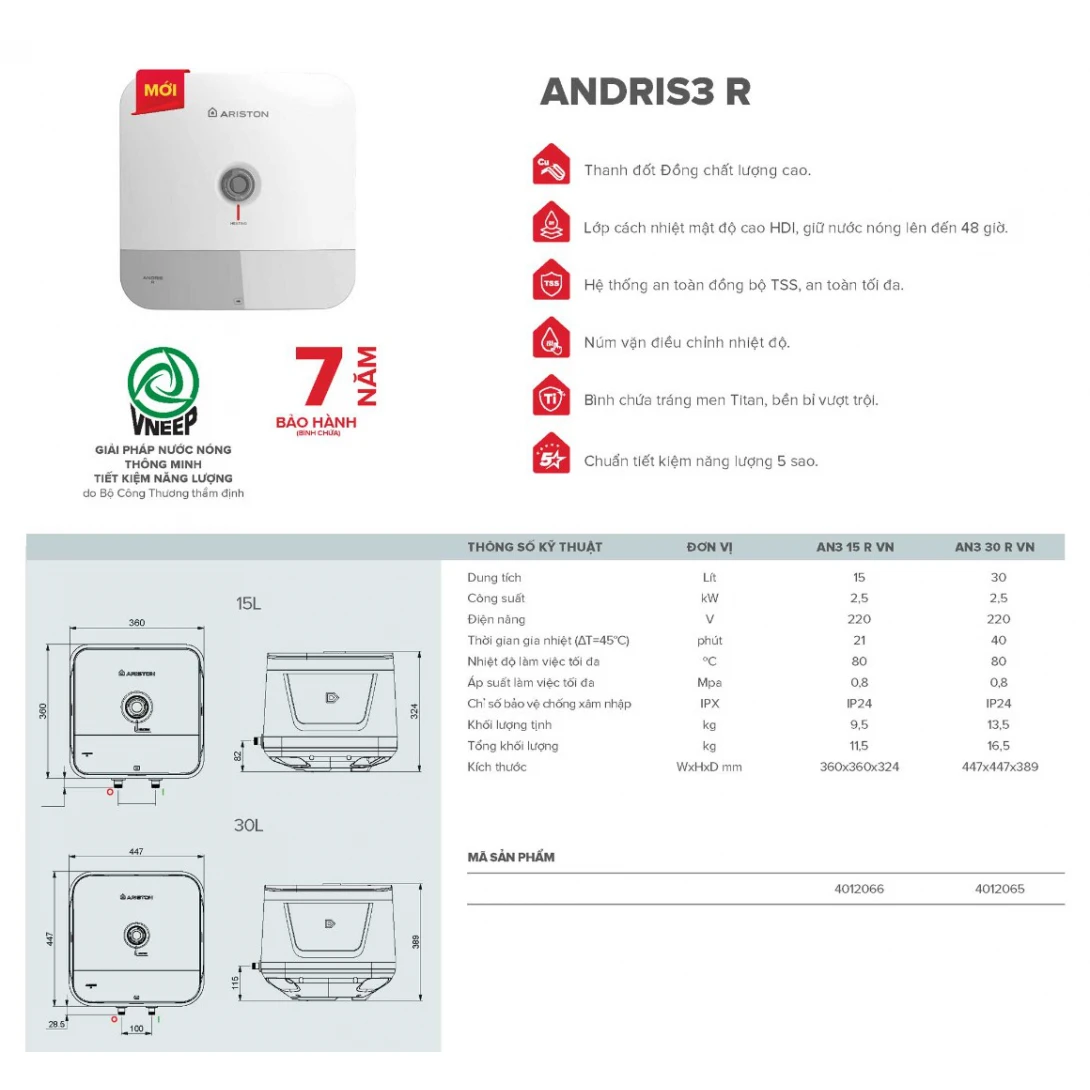 Bình nóng lạnh Ariston 30 lít AN3 30 R VN bình vuông 1 đèn