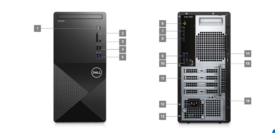Máy tính để bàn Dell Vostro PCDE0597 3020 Tower - Core  i7-13700, 8GB DDR4 3200Mhz, SSD 512Gb PCIe NVMe, Win11 SL,1 year warranty