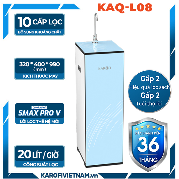 Máy lọc nước Karofi KAQ-L08 10 cấp, 1 vòi, 20L/h, Lõi RO Hàn Quốc, vỏ tủ nhỏ