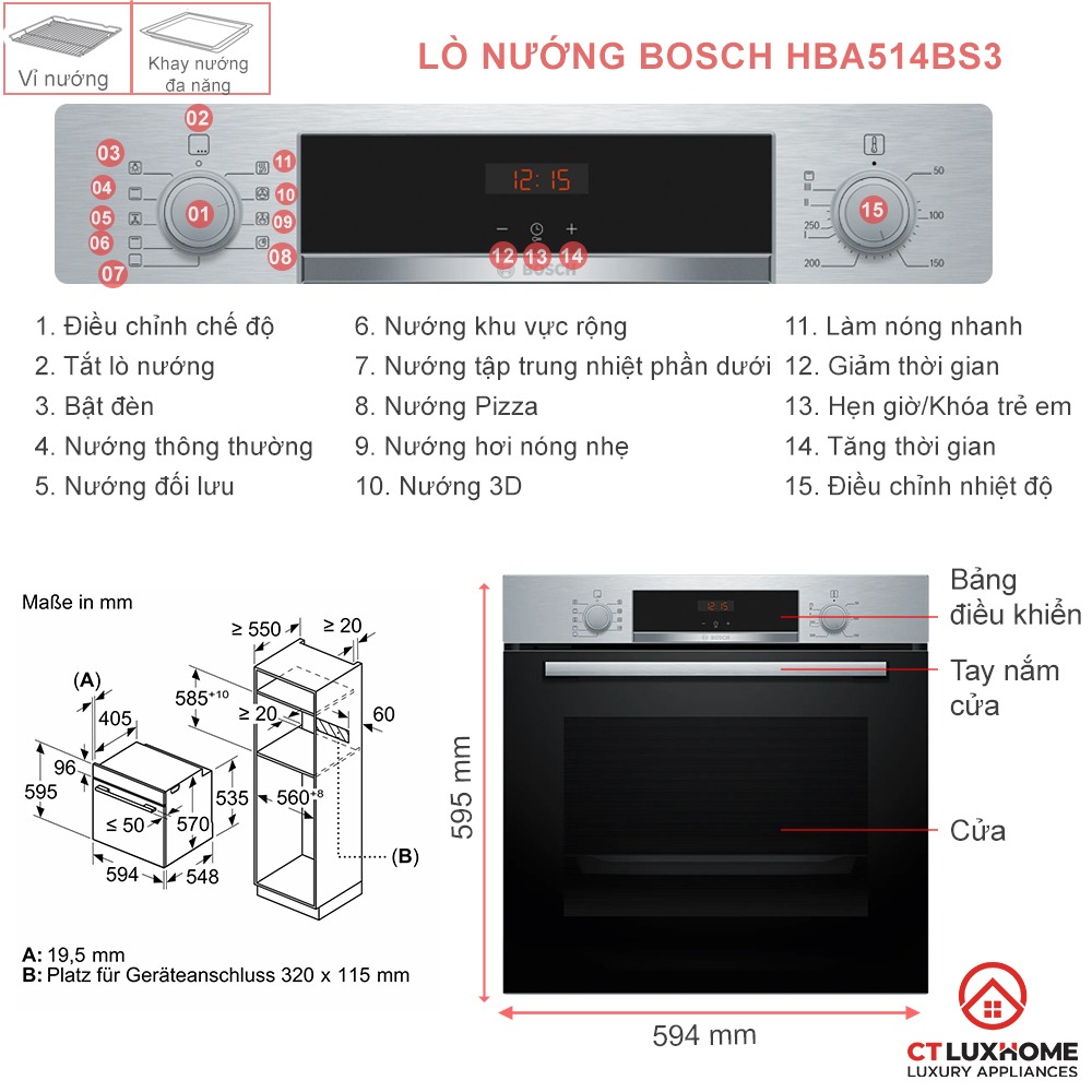 Lò nướng âm tủ Bosch HBA514BS3 71 lít