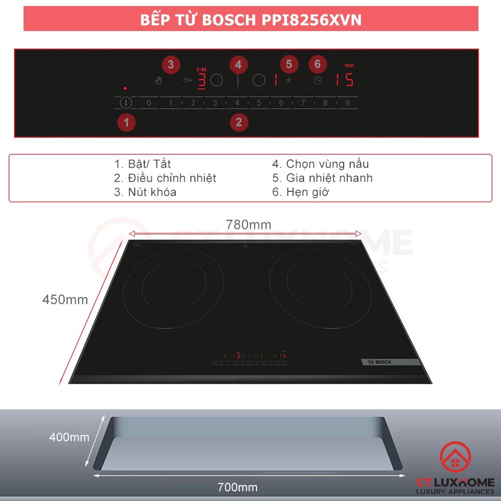 Bếp từ đôi Bosch Seri 6 PPI8256XVN 2 vùng nấu
