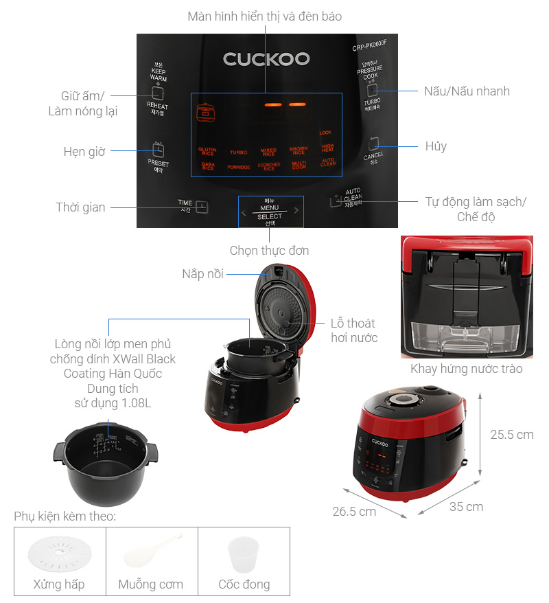 Nồi cơm điện tử áp suất Cuckoo CRP-PK0600F/BKRDVN 1.08 lít