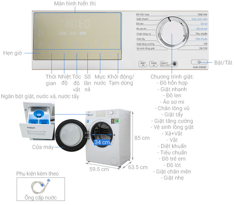 Máy giặt Aqua AQD-D950E W Inverter 9.5 kg