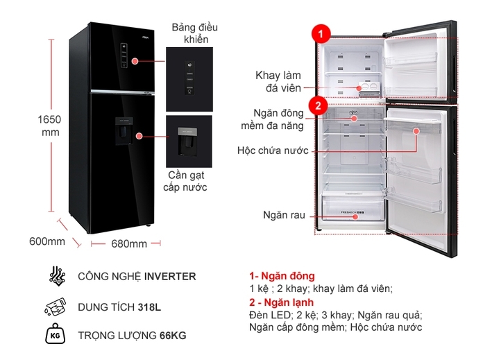 Tủ lạnh Aqua AQR-T369FA(WGB) Inverter 318 lít