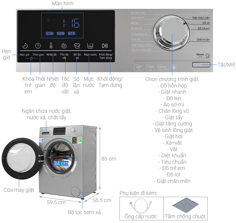 Máy giặt Aqua AQD-D900F S Inverter 9 kg