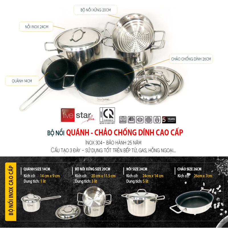 Bộ nồi Fivestar B530403K-FS 5 chiếc inox 3 lớp