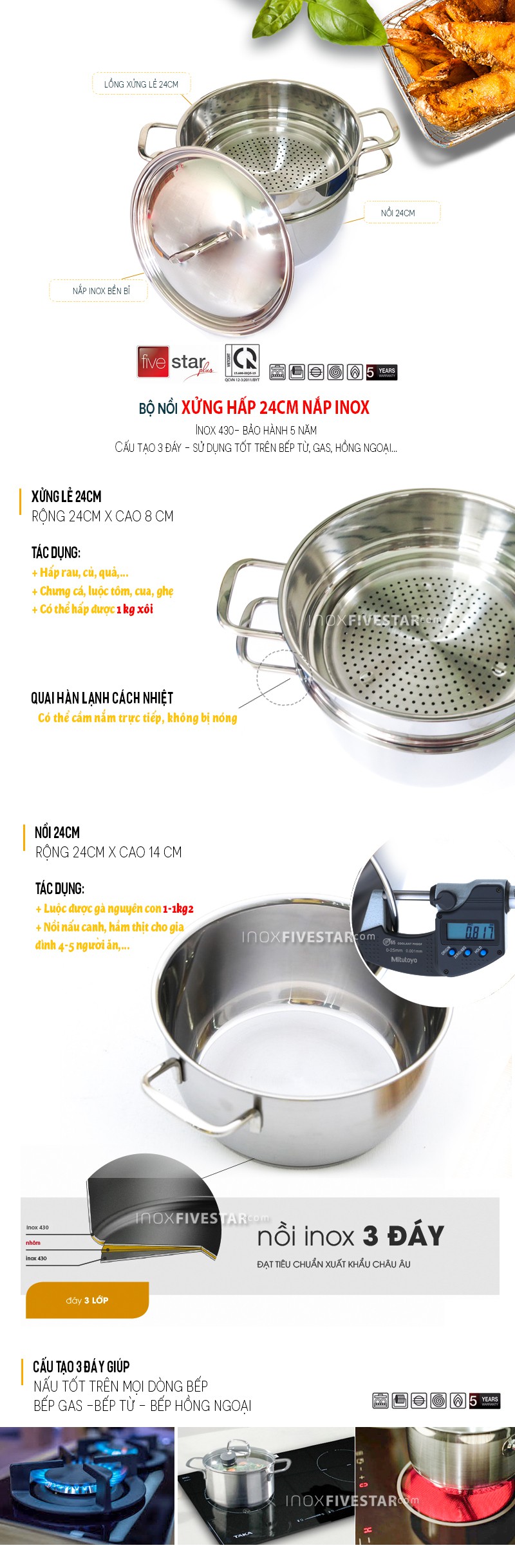 Bộ nồi xửng hấp Fivestar FSNX28003 2 chiếc inox 3 lớp