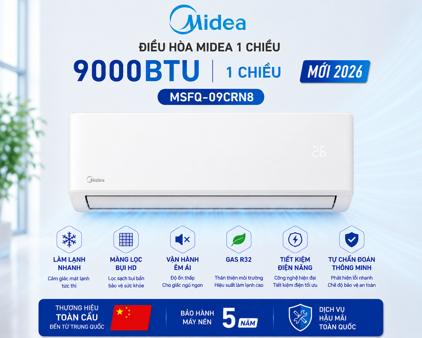 Điều hòa Midea 1 chiều 9000BTU MSFQ-09CRN8 mới 2026