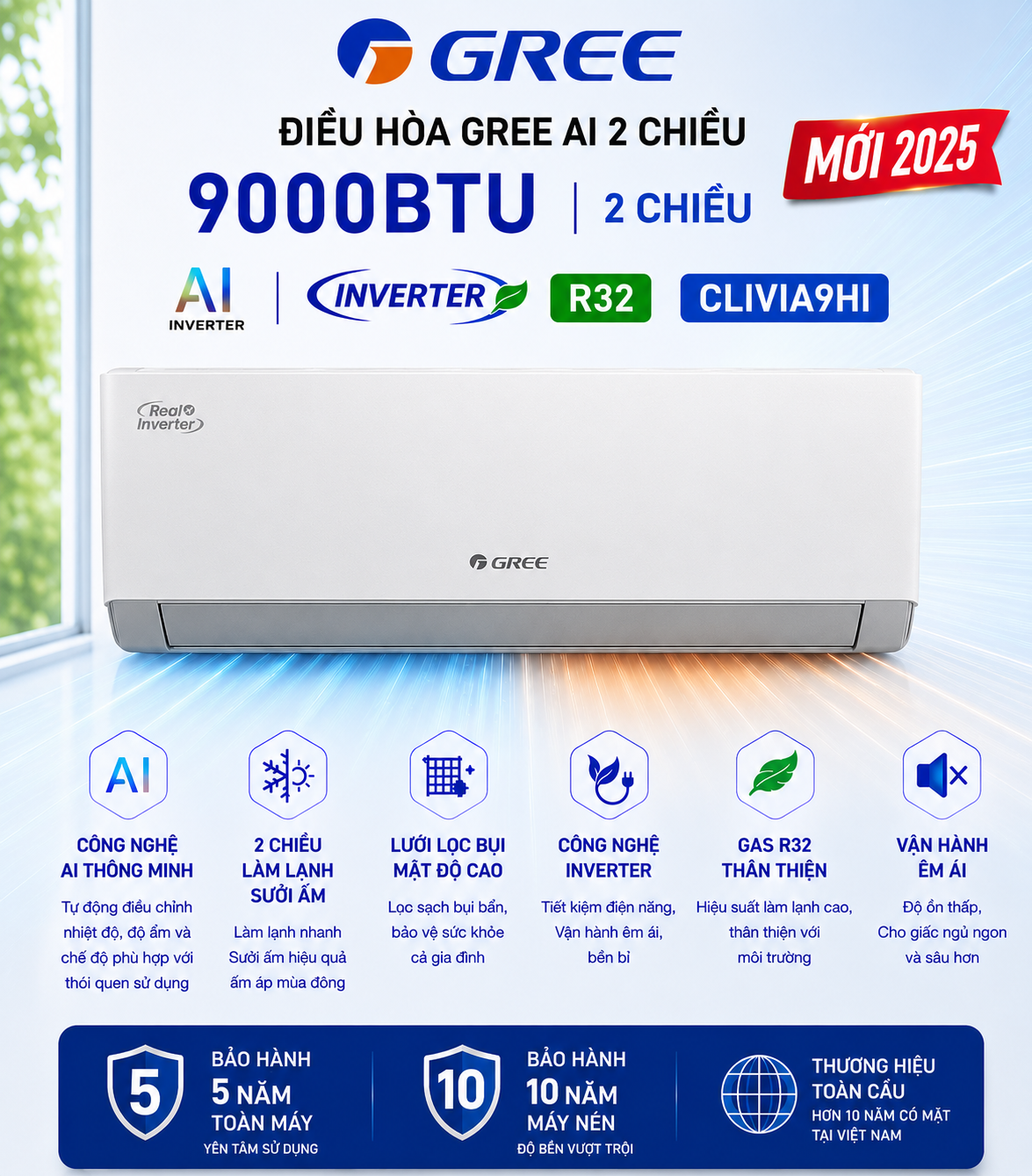 Điều hòa Gree AI 2 chiều 9000BTU Inverter CLIVIA9HI mới 2025