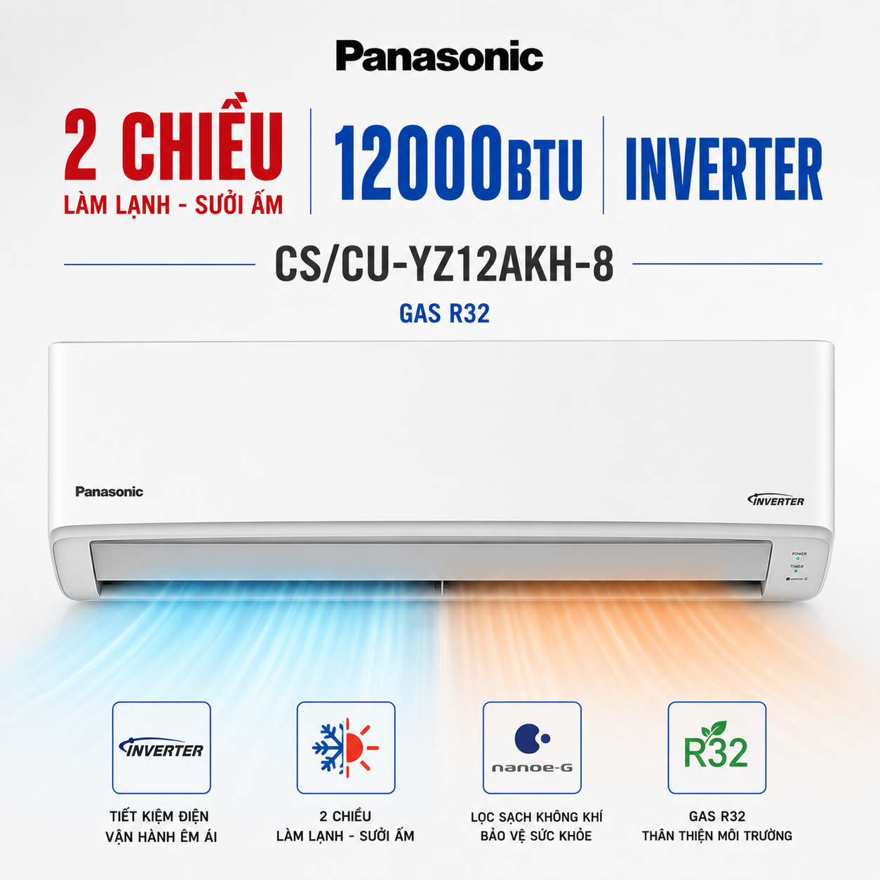 Điều hòa Panasonic 2 chiều 12000BTU Inverter CS/CU-YZ12AKH-8 tiêu chuẩn