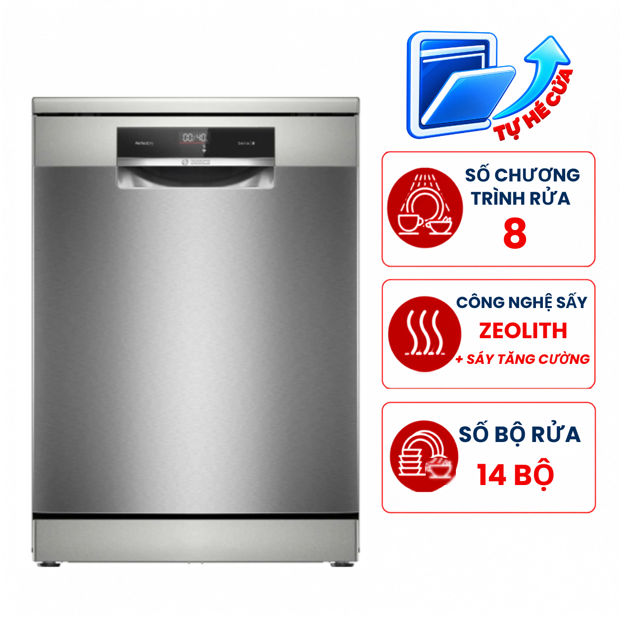 Máy rửa bát Bosch SMS8YCI03E Seri 8, 14 bộ độc lập sấy Zeolith, hé cửa nhập Đức