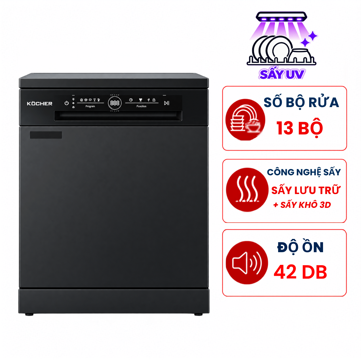 Máy rửa bát Kocher KDEU-8828BLACK 13 bộ độc lập, sấy khô 3D nhập Malaysia
