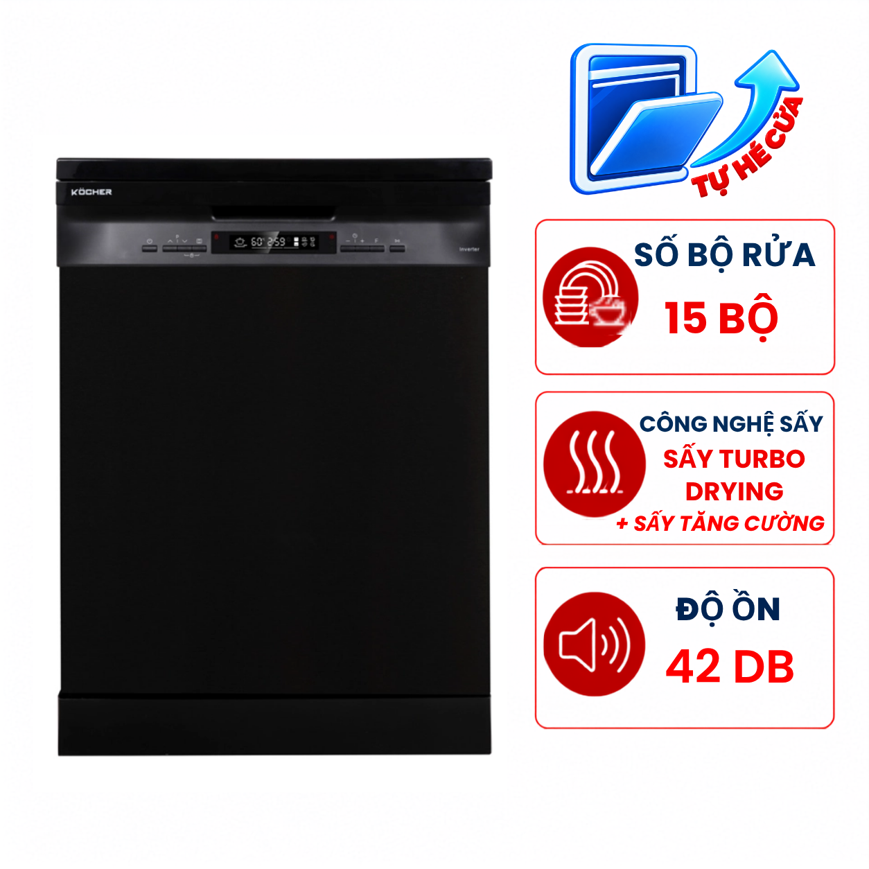 Máy rửa bát Kocher KDEU-8835BL 15 bộ độc lập, tự hé cửa nhập Malaysia