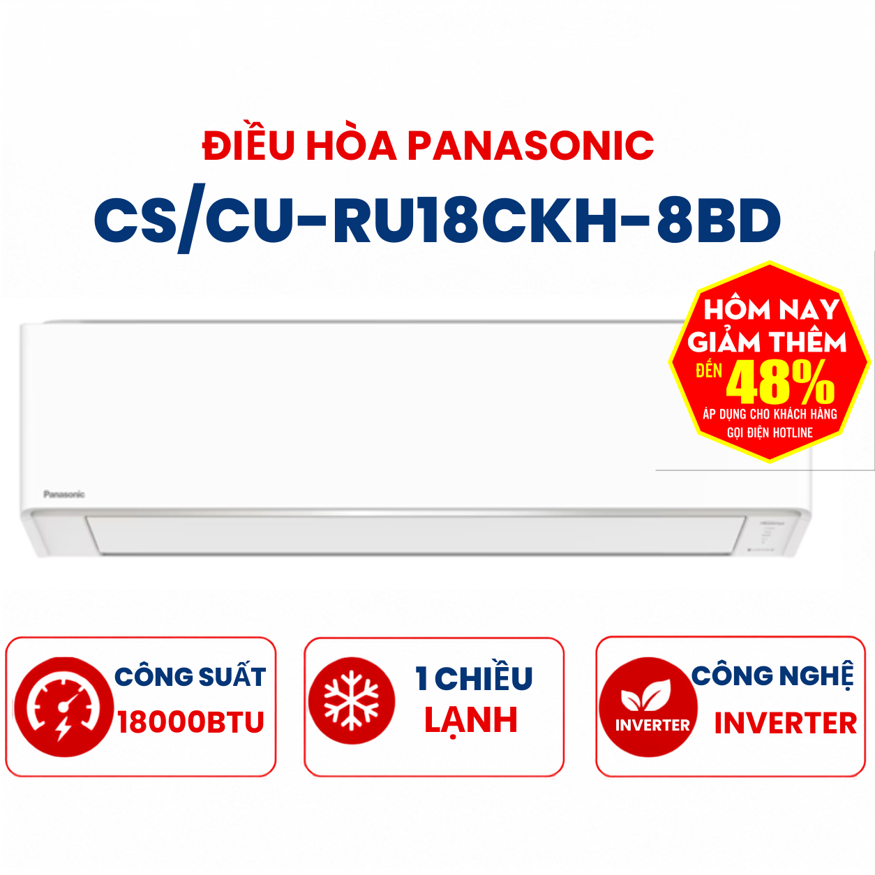 Điều hòa Panasonic 1 chiều 18000Btu Inverter R32 CS/CU-RU18CKH-8BD Tiêu chuẩn dàn lạnh to