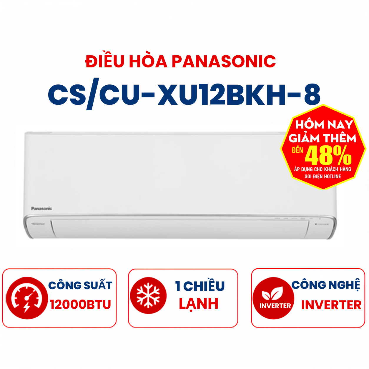 Điều hòa Panasonic 1 chiều 12000Btu Inverter CS/CU-XU12BKH-8 cao cấp mới 2025