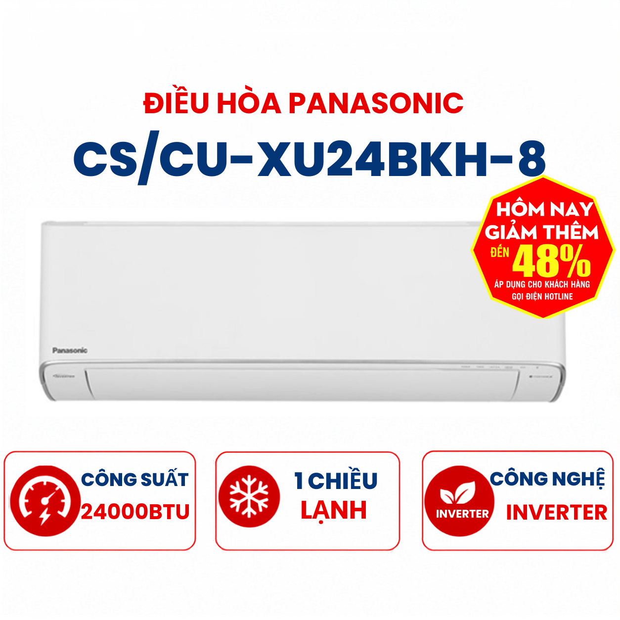 Điều hòa Panasonic  1 chiều 24000BTU Inverter CS/CU-XU24BKH-8 cao cấp