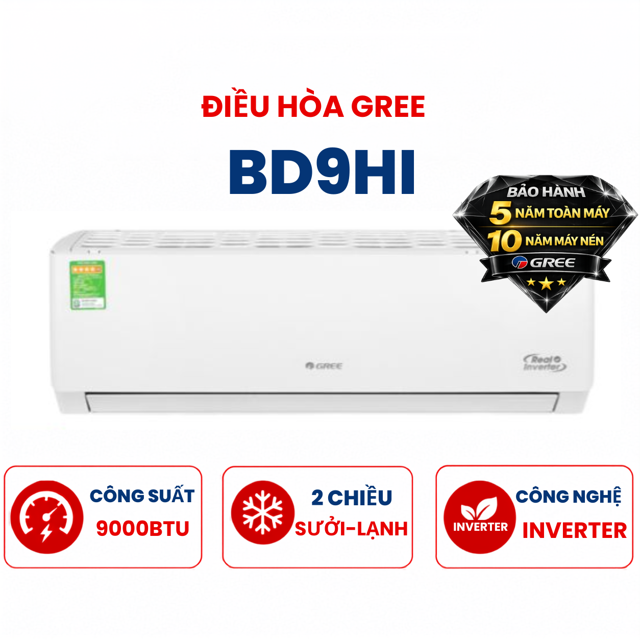 Điều hòa Gree 2 chiều 9000BTU Inverter BD9HI mới 2025