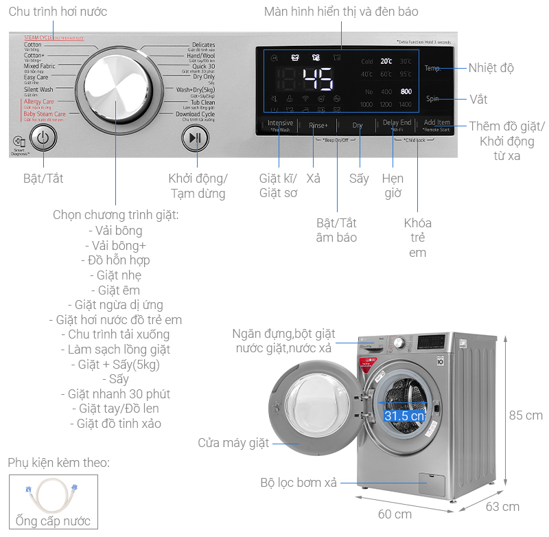 Máy giặt LG FV1409G4V lồng ngang 9 kg giặt , 5 kg sấy