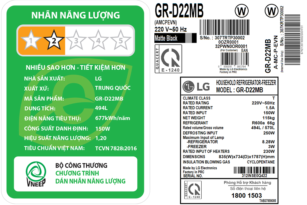 Tủ lạnh LG GR-D22MB Inverter 494 lít