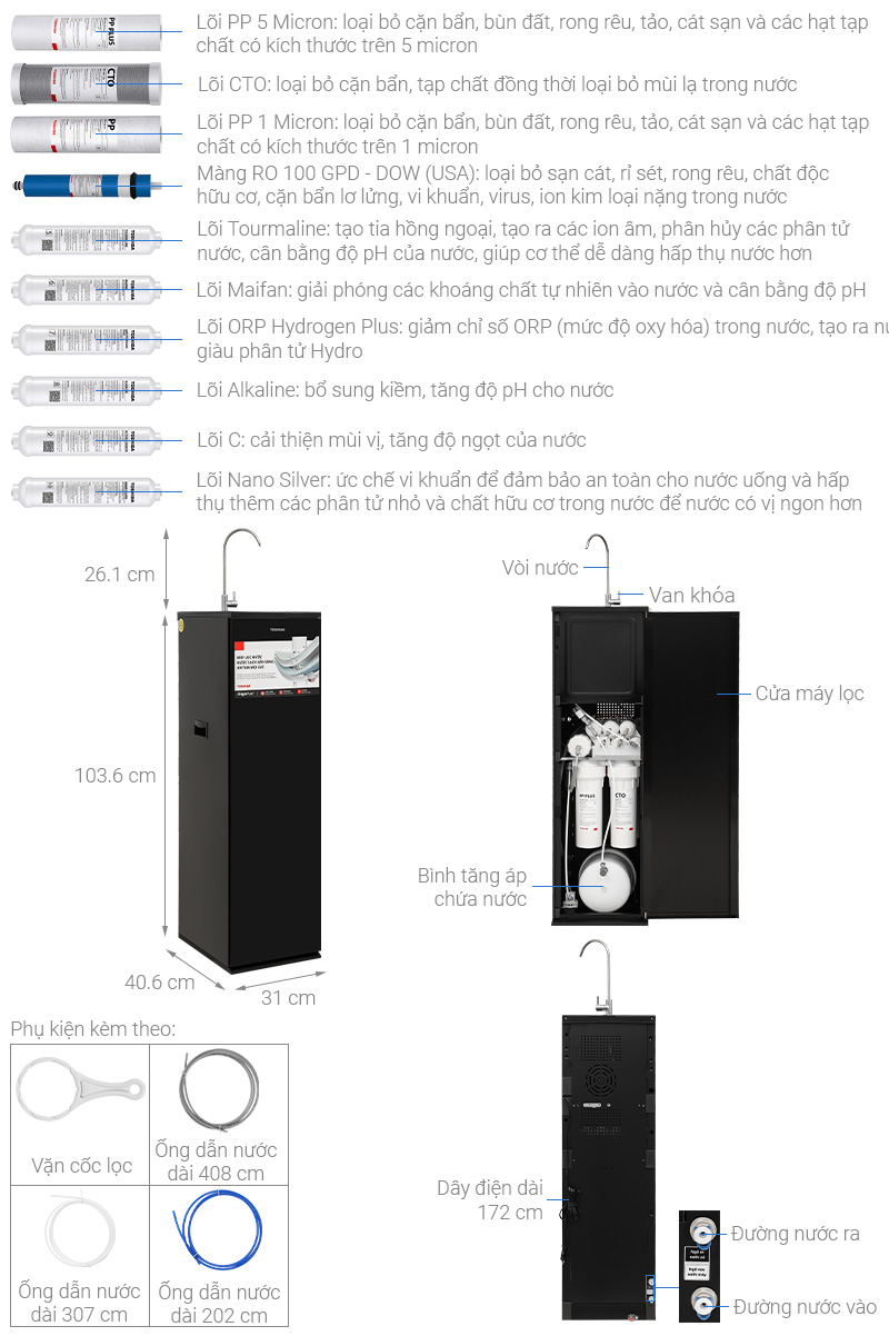 Máy lọc nước RO Hydrogen Toshiba TWP-NA1SVN(K) 10 lõi