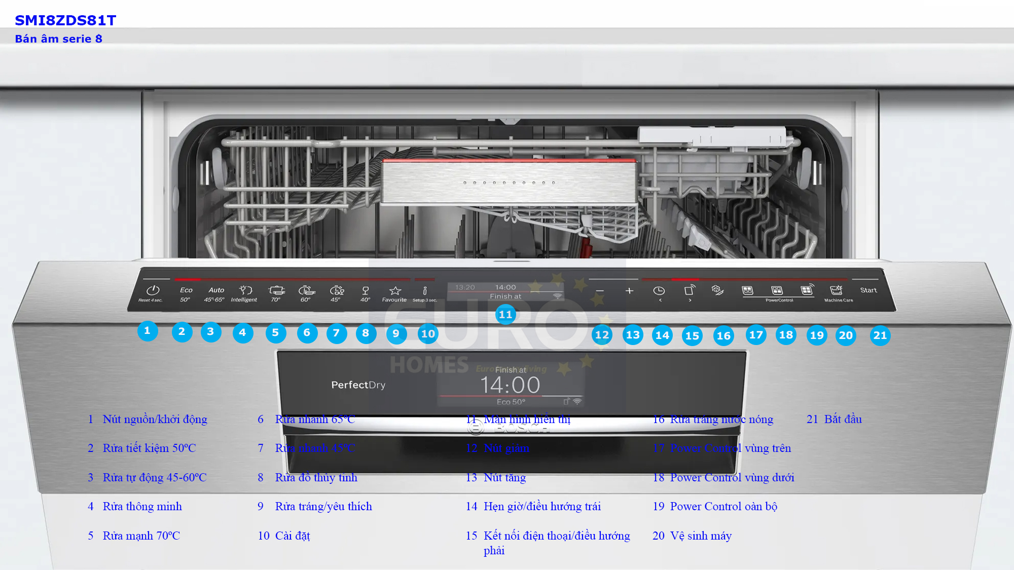Máy rửa bát Bosch SMI8ZDS81T series 8 bán âm, sấy Zeolith, hé cửa Nhập Đức