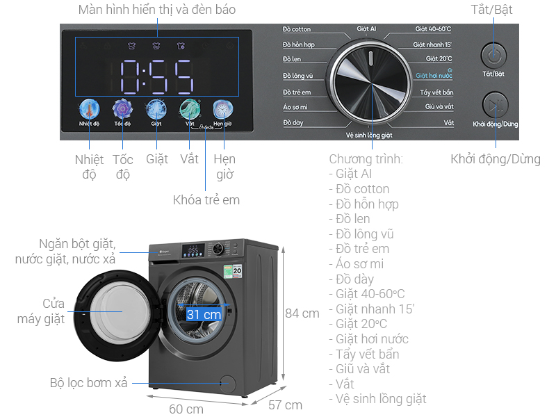 Máy giặt Casper D105VGR1 ProWash cửa ngang inverter, 10.5 kg