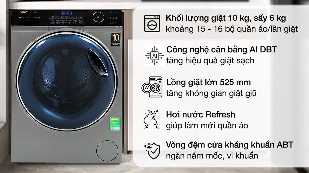 Máy giặt Aqua AQD-AH1000G.PS Inverter 10 kg giặt, 6 kg sấy