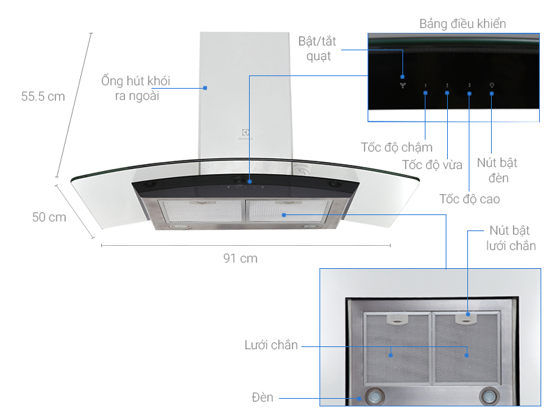 Máy hút mùi electrolux cảm ứng kt 90 EFC936GAR