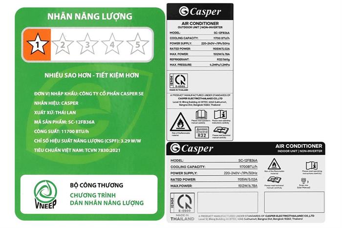 Điều hòa Casper 1 chiều R32 SC-12FB36A(I/O)