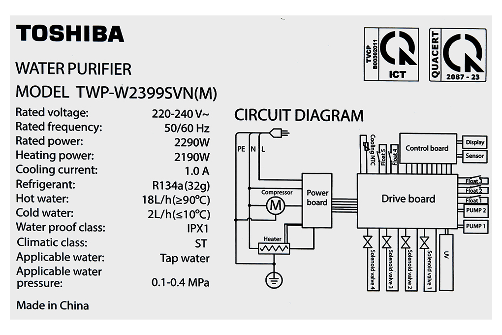 Máy lọc nước RO Toshiba TWP-W2399SVN(M) 10 cấp lọc nóng nguội lạnh block 1 vòi