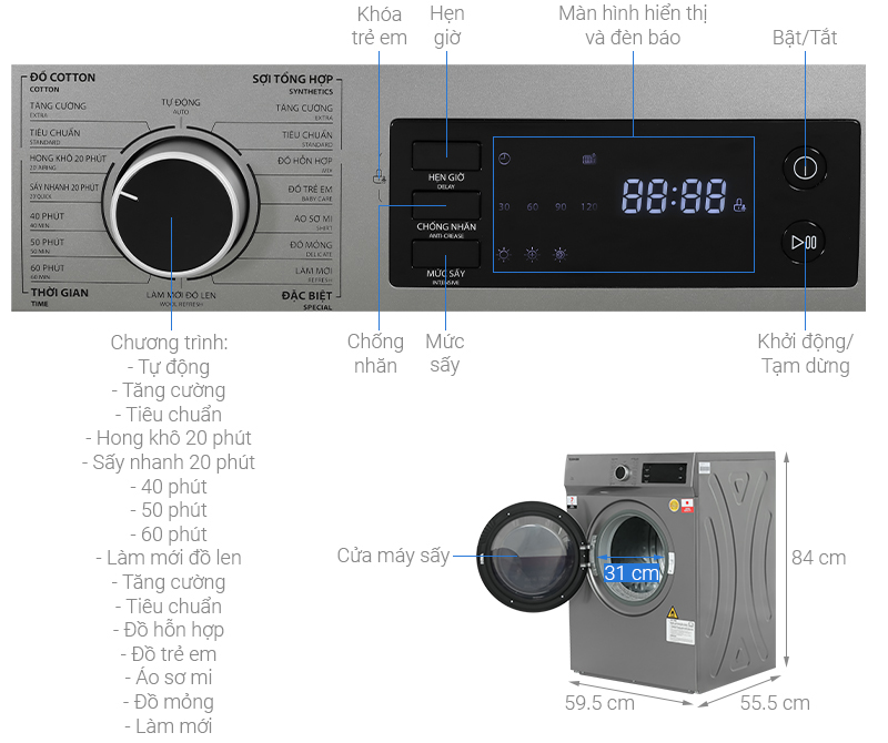 Máy sấy thông hơi Toshiba TD-H80SEV(SK) 7 kg