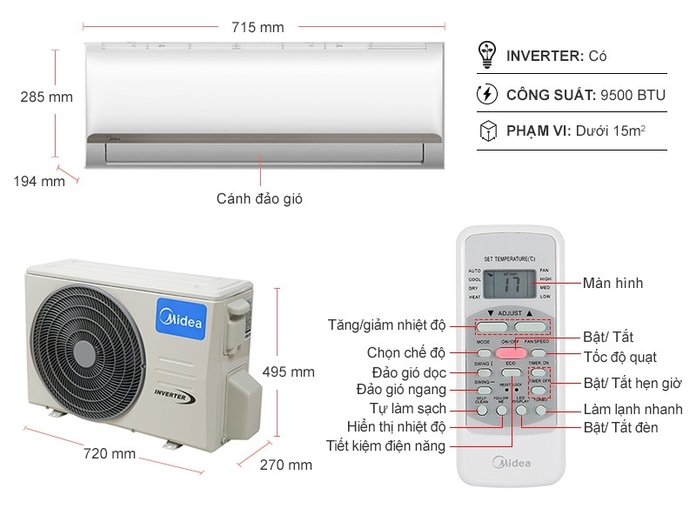 Điều hòa Midea 1 chiều Inverter 9.000Btu MSAFC-10CRDN8