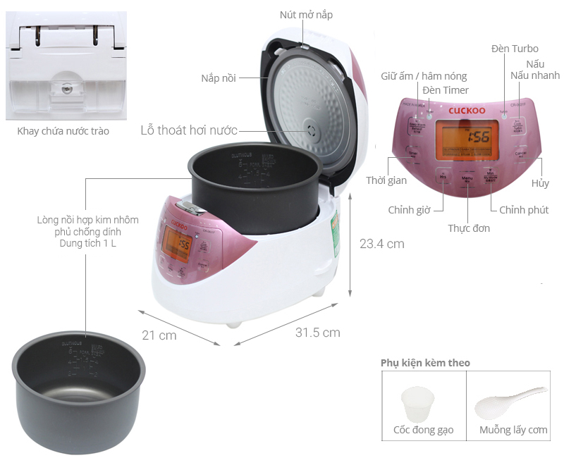 Nồi cơm điện tử Cuckoo CR-0631F/IVPIVNCV 1 lít màu trắng hồng