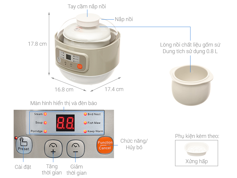 Nồi hầm nấu chậm Bear 0.8 lít DDZ-A08D1