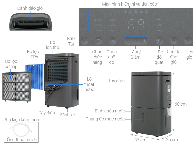 Máy hút ẩm+lọc không khí Electrolux công suất 24L EDH12TRBD2