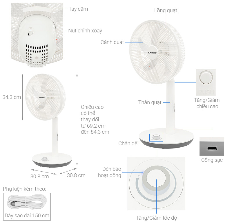 Quạt tích điện Sunhouse 5 cánh SHD7221