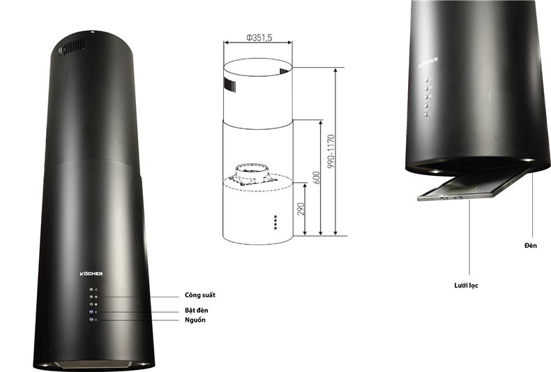 Hút mùi đảo Kocher CXW-188BL dạng ống 195W
