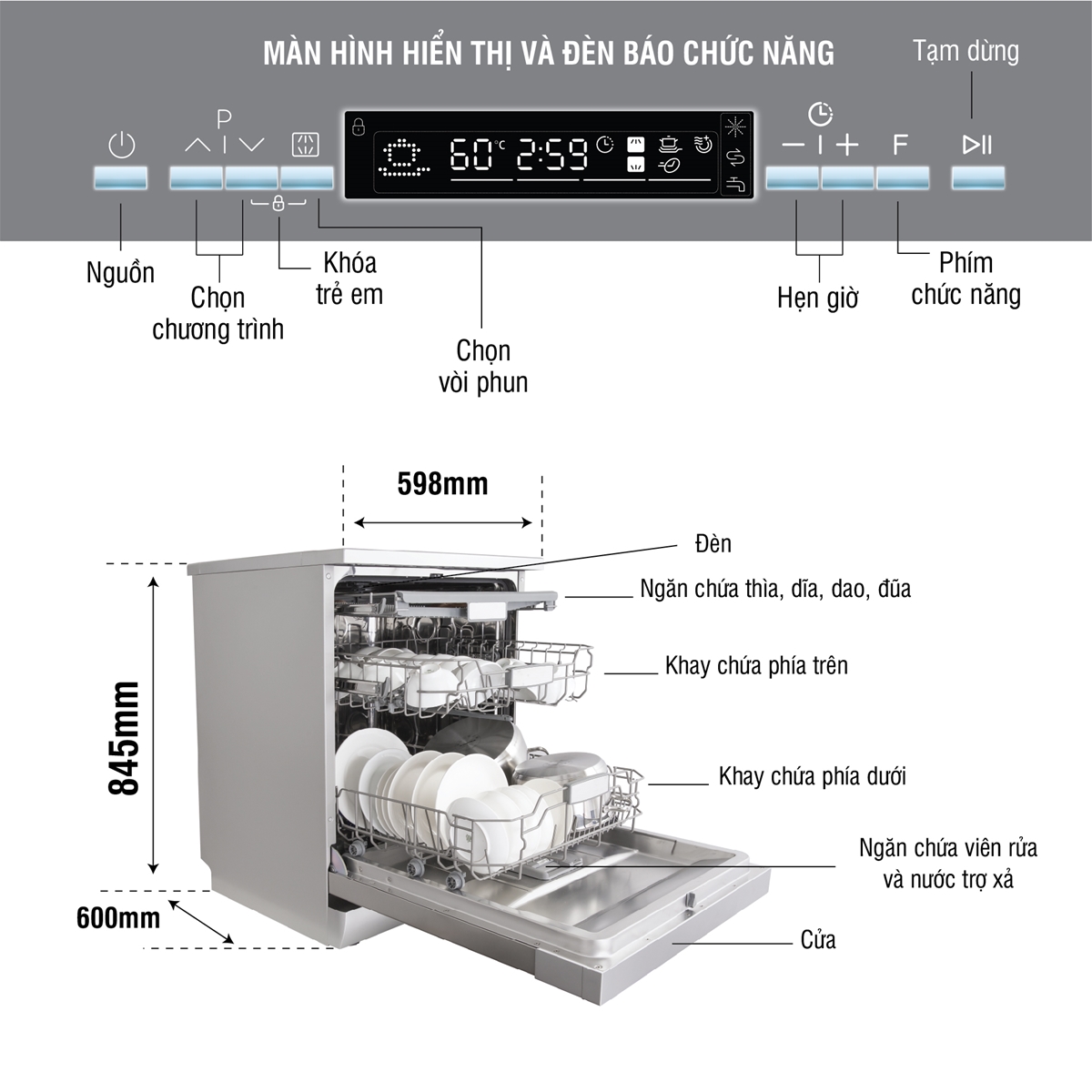 Máy rửa bát Kocher KDEU-8835BL 15 bộ độc lập, tự hé cửa nhập Malaysia