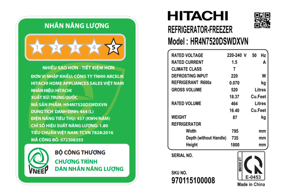 Tủ lạnh Hitachi HR4N7520DSWDXVN Inverter 464 lít