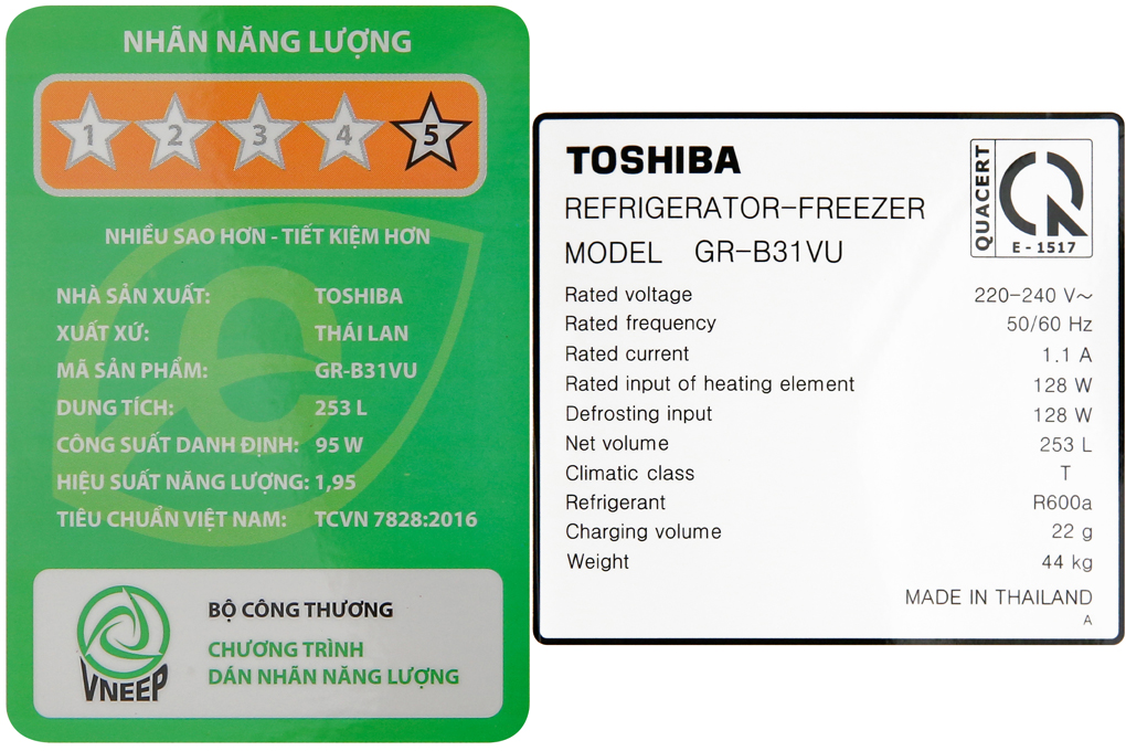 Tủ lạnh Toshiba GR-B31VU SK Inverter 253 lít