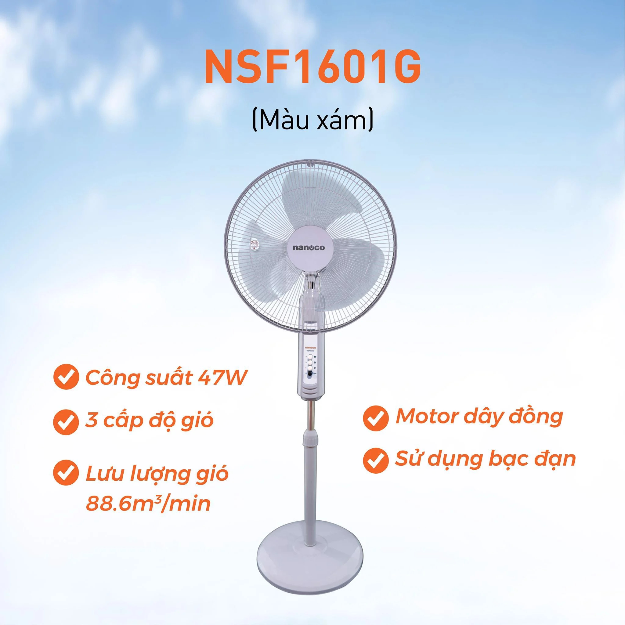 Quạt cây Nanoco NSF1601G 47W 3 cánh màu xám