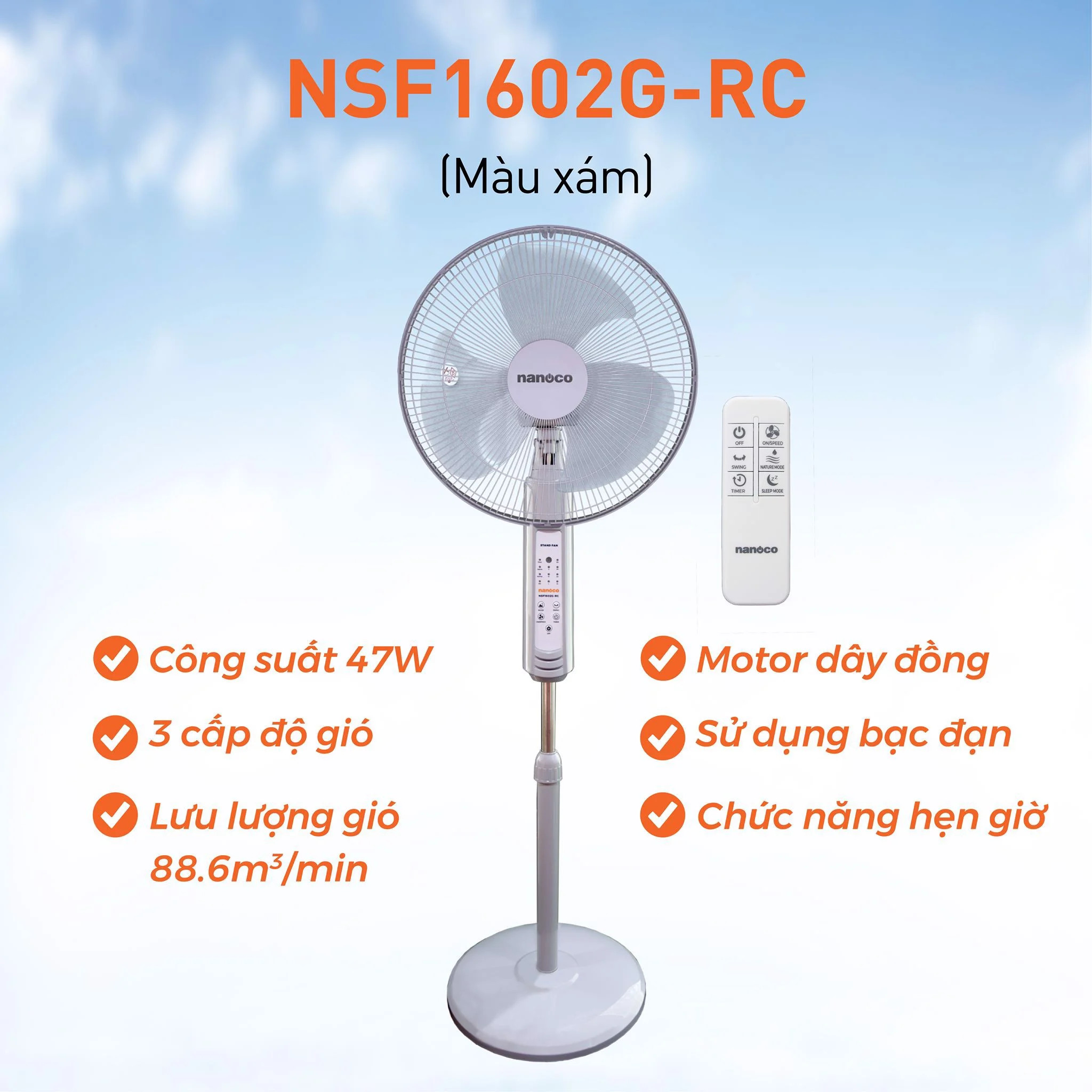 Quạt cây Có điều khiển Nanoco NSF1602G-RC (Màu xám)