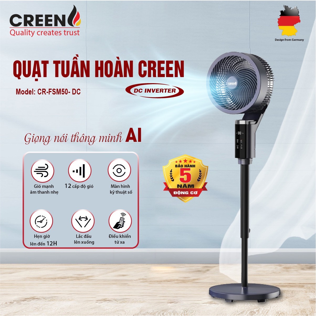 Quạt tuần hoàn thông minh Creen CR-FSM50-DC