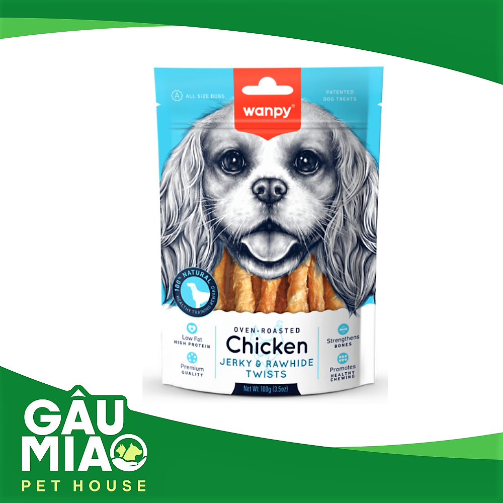 Wanpy Chicken Jerky & Rawhide Twists - Thịt gà sấy cuộn da bò cho chó 100g